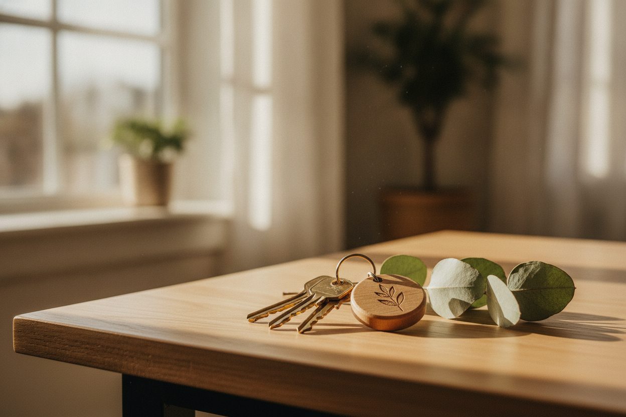 A set of brass house keys with a wooden keychain resting on a sunlit oak table