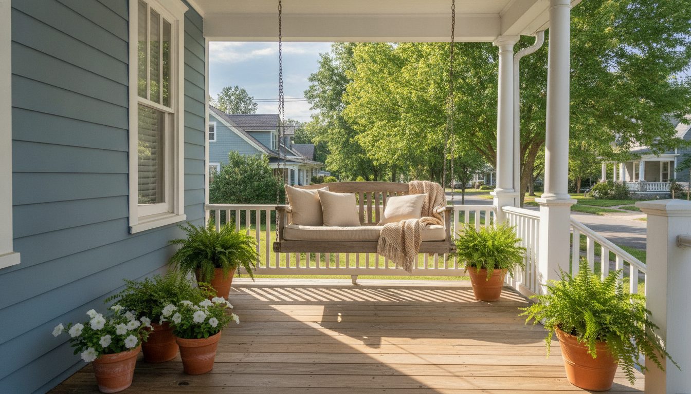 A welcoming front porch with white columns and a porch swing in warm daylight