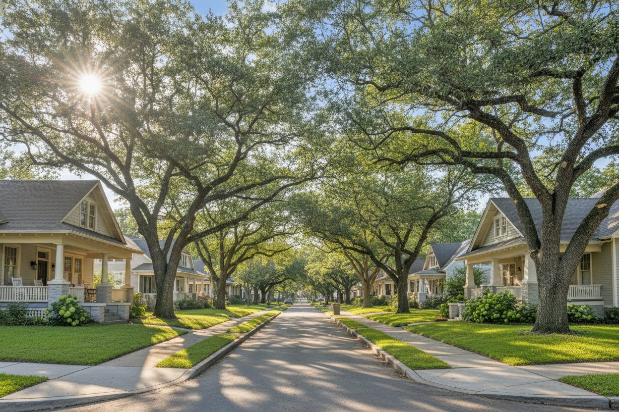 A quiet tree-lined street of craftsman cottage homes with mature oaks in a north Texas town